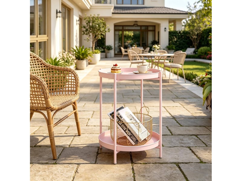Bout de canapé rond 44x44x53 cm avec 2 plateaux amovibles en métal rose - Conforama D