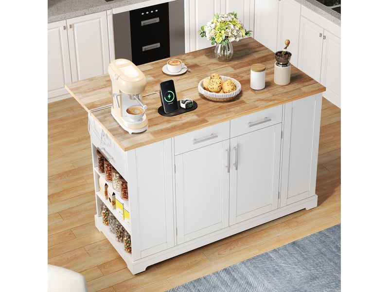 Îlot de cuisine avec plateau rabattable, 3 tiroirs, roulettes et espace poubelle pour cuisine en mdf blanc naturel - Conforama E