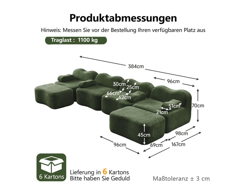 Canapé modulable u 4 places 384x167x70 cm, sans cadre, forme ondoyante, 2 poufs mousse 32d, velours, vert - Conforama C