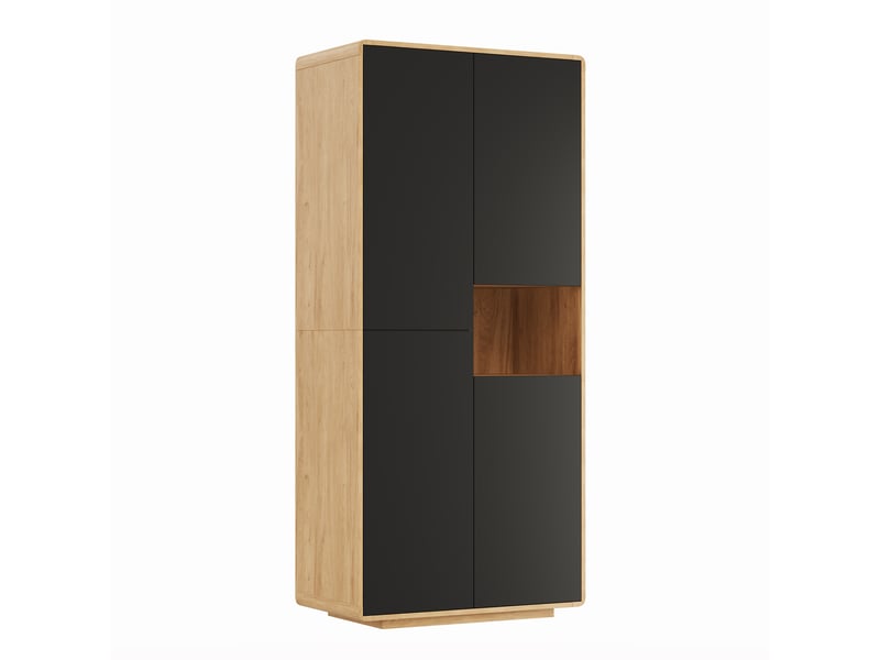  Armoire de cuisine haute 75x40x170cm, étagères réglables, niche ouverte et rangements de porte, design sans poignées, noir et bois naturel, cuisine  - Conforama A