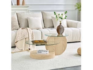 Table basse à deux niveaux avec plateaux en verre de sécurité et rangements en mdf effet bois clair 90 × 70 × 44 cm