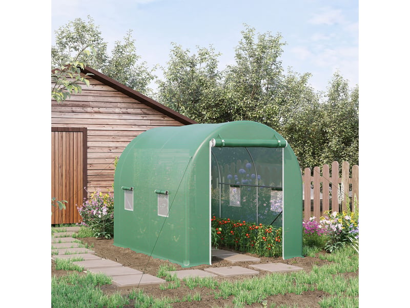  Serre de jardin tunnel surface sol 6 m² 3l x 2l x 2,10h m châssis tubulaire renforcé porte zippée 4 fenêtres enroulables vert  - Conforama C