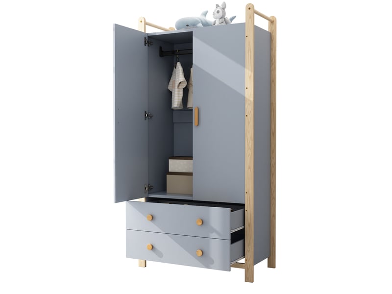  Armoire 2 portes modenvie avec penderie et 2 tiroirs 90 x 45 x 180 cm bleu cadre en bois de pin  - Conforama A
