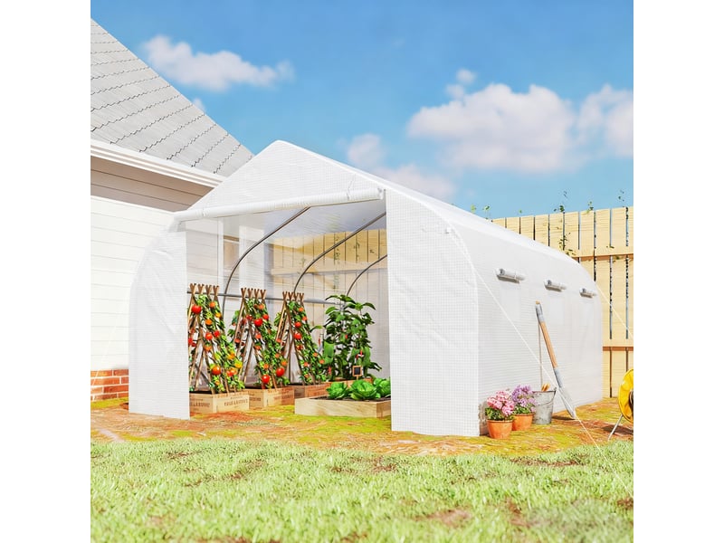  Serre tunnel 6 fenêtresporte enroulable, petubes métalliques, plantesfruits, 4,5x3x2 m, blanche.  - Conforama D