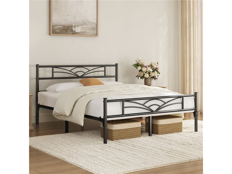  Cadre de lit métallique avec tête de lit motif nuages 160x200 cm, support à lattes renforcé et espace rangement inférieur 615079 Black (160*200cm) - Conforama B