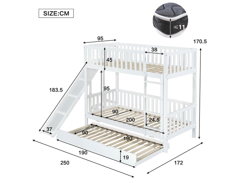 Lit superposé enfant 90x200 cm avec toboggan et lit gigogne, lit superposé en bois massif blanc avec étagères de rangement 3 lits - Conforama C