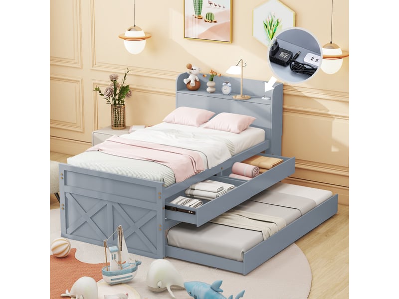  Lit simple 90 x 190 cm avec tiroir et prise usb, lit gigogne, lit enfant, tete de lit avec rangements, lit 1 personne, pin, gris  - Conforama C