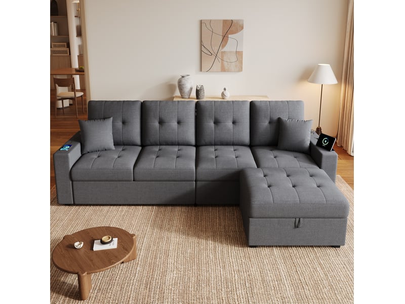 Canapé d'angle 4 places modulaire avec pouf coffre mobile, rangements, ports usb et led, en tissu gris antique - Conforama B