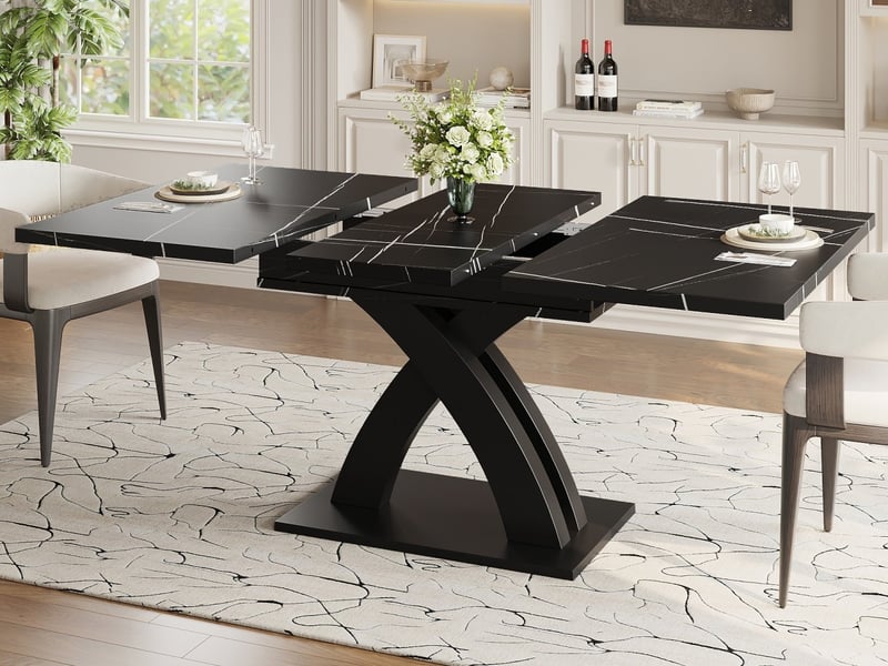 Table à manger extensible rectangulaire 120-160 x 80 cm, mdf et métal, noir, avec piètement croisé - Conforama B