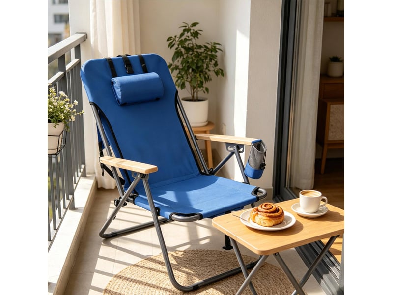 Fauteuil de camping pliant 66 x 56 x 77,5 cm – bleu – dossier réglable 4 positions, appui-tête et sac latéral - Conforama E