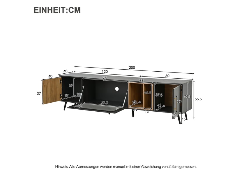  Meuble tv élégant effet bois foncé et gris 200x40x55,5 cm pour tv jusqu'à 90 pouces avec rangement  - Conforama C