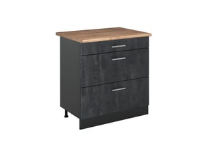 Vicco meuble cuisine, béton noiranthracite, 80cm avec 3 tiroirs plan de travail chêne doré
