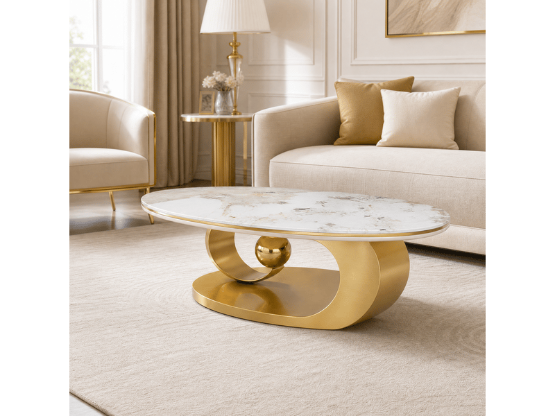 Table basse ovale 120x67x45 cm effet marbre blanc et piètement doré - Conforama R