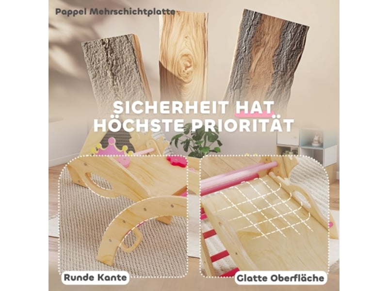  Structure d’escalade enfant 8 en 1 en bois, design princesse, toboggan, rampe et arche, intérieur  - Conforama E