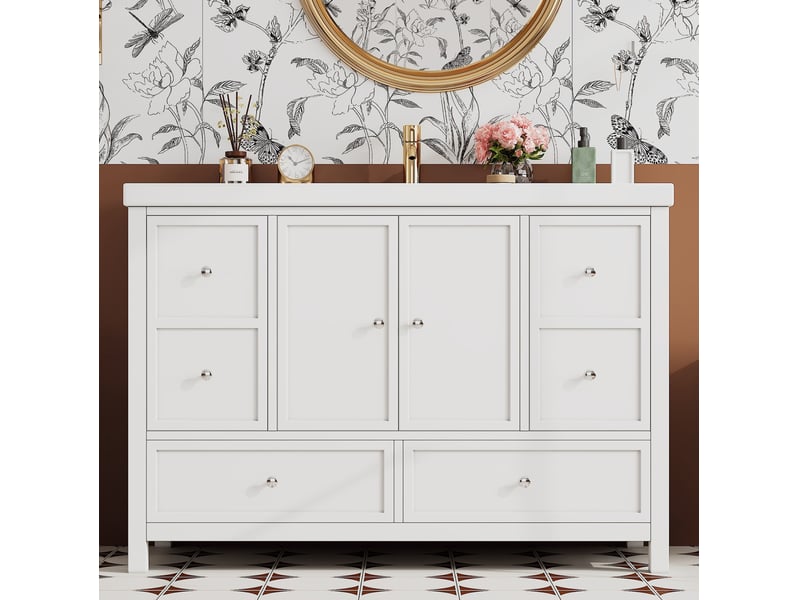 Meuble vasque 120x50x86,5 cm blanc en mdf avec 4 tiroirs et 2 portes - Conforama C