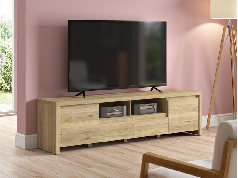  Meuble tv avec 2 portes et 2 tiroirs coloris chêne mauvella - longueur 182 x profondeur 40 x hauteur 49 cm  - Conforama B
