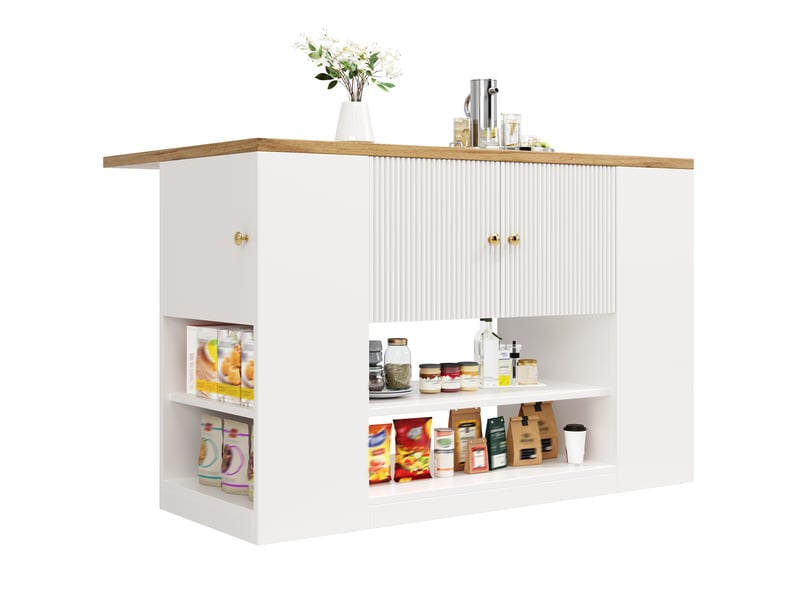 Îlot de cuisine blanc moderne avec table rabattable, meuble de rangement multifonction avec tiroirs et étagères, 140x70x90cm - Conforama R