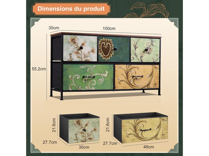  Commode 5 tiroirs, commode de rangement, tissu floral,structure en métal,pour salon, chambre, style bohème,100 x 30 x 55 cm  - Conforama C