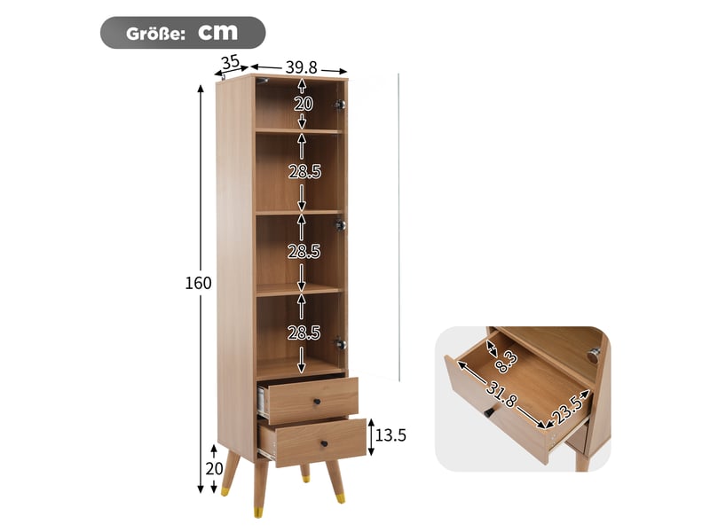  Armoire vitrine avec 3 étagères réglables et 2 tiroirs, meuble haut avec porte en verre à ouverture par pression, pour salon ou bureau, naturel Seren Glow - Conforama C