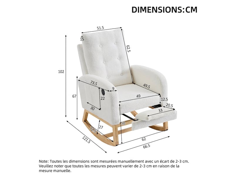  Fauteuil à bascule bouclette blanc avec repose-pieds et port usb, structure en bois massif, 66,5x121,5x102 cm  - Conforama C