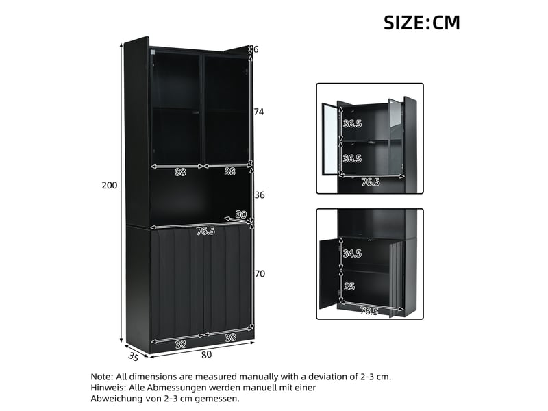  Vitrine avec 4 portes, 5 compartiments, led et étagères réglables pour salon en panneaux de particules, 80×35×200 cm  - Conforama D