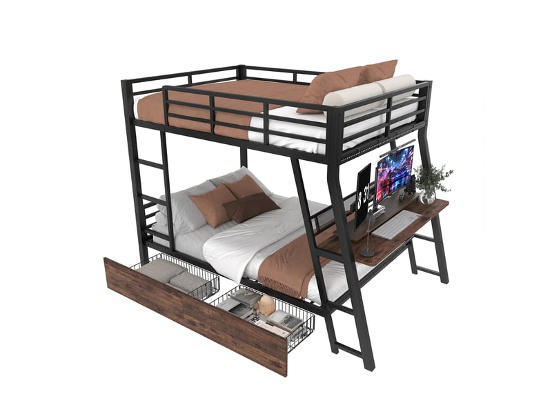  Lit superposé 140x200, garde-corps, escalier, tiroirs 2 placess, gain de place, avec éclairage led, avec bureau, métal noir, sans matelas  - Conforama A
