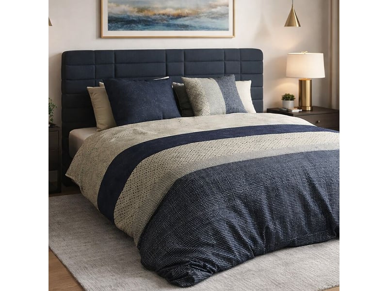  Parure housse de couette 260x240cm + 2 taies motif graphique bleu et blanc 100% coton - dorine DORINE - Conforama B