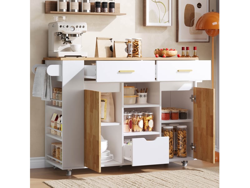 Desserte de cuisine avec plateau rabattable, 3 tiroirs, 2 portes et roulettes verrouillables blanc et bois naturel - Conforama B