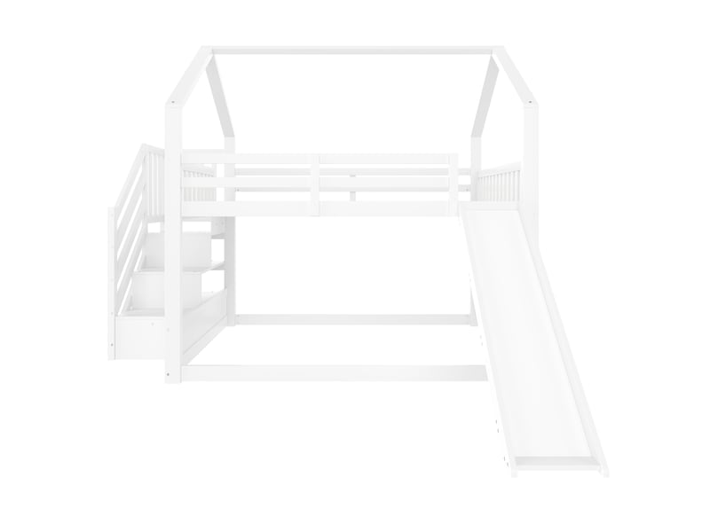  Lit superposé enfant blanc 140 × 200 cm, style maison, escalier avec rangement et toboggan  - Conforama A