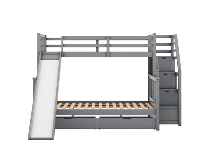  Lit superposé 90140x200 cm avec 2 tiroirs, niches de rangement et toboggan, pin et mdf, gris  - Conforama C
