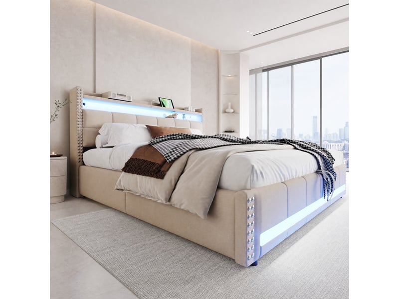  Lit double coffre 180 x 200 cm beige avec led, prise usb et tête de lit à étagères  - Conforama D