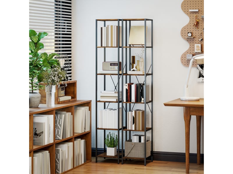  Ensemble de 2 étagères à 6 niveaux, structure en acier, pour salon, bureau, chambre, marron rustique  - Conforama D