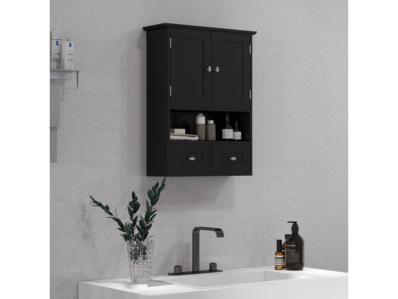  Armoire murale de salle de bain, armoire de toilette, avec portes, étagère, 2 tiroirs, 50,8l x 17,8p x 66h cm, noir  - Conforama D