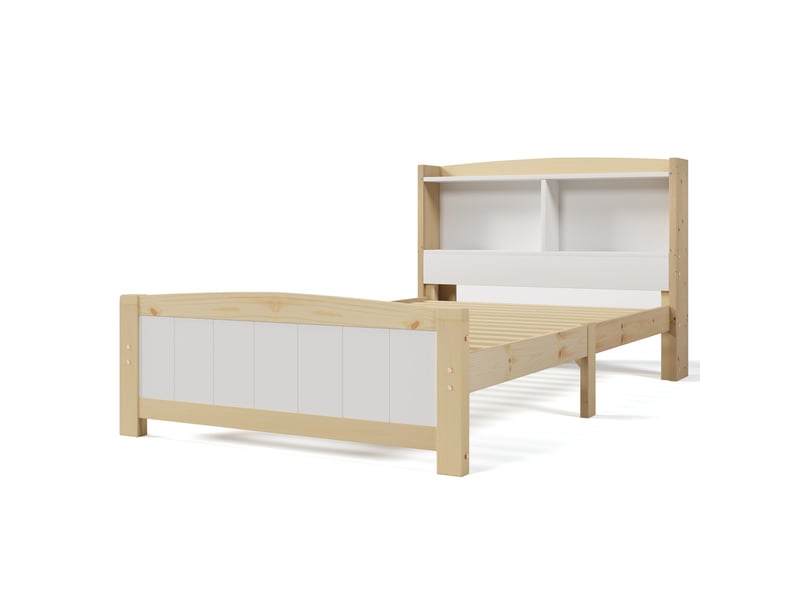  Lit enfant en bois massif 90x200cm avec matelas, cadre de lit avec sommier à lattes en pin, naturel et blanc, lit 1 personne  - Conforama E