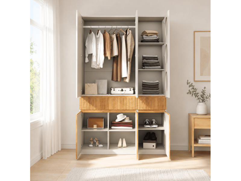  Armoire haute 6 portes avec penderie, 2 tiroirs et niches de rangement pour chambre, gris, 135 × 50 × 200 cm  - Conforama C