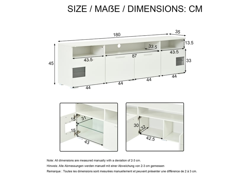  Meuble tv 180 cm blanc, led bluetooth, 4 portes, niches ouvertes et tablettes en verre Fay Lum - Conforama C