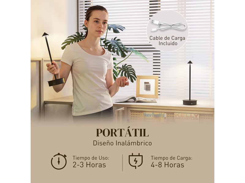  Lot de 2 lampes de table led rechargeables avec port usb, commande tactile et intensité lumineuse réglable, ø10 x 30 cm, noires  - Conforama E