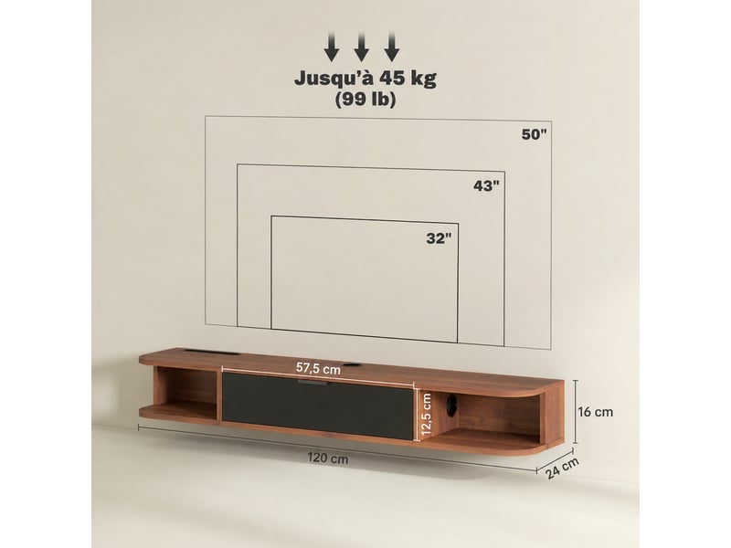  Meuble tv suspendu effet noyer pour tv jusqu'à 50 pouces, abattant, 2 étagères, 120 x 24 x 16 cm  - Conforama C