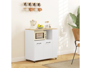 Chariot de cuisine en bois avec étagère ouverte, placard et étagère latérale, 75 x 40 x 80,5 cm, coloris chêne et blanc