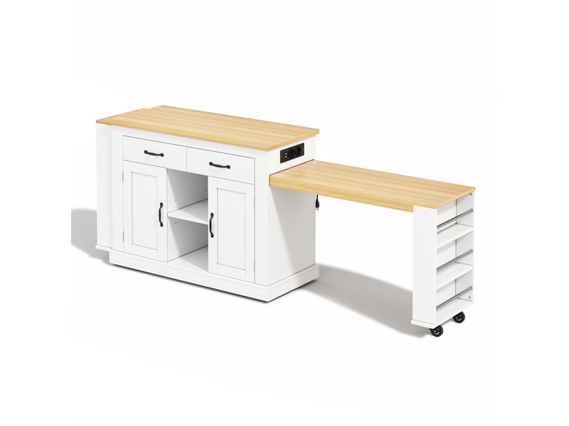 Îlot de cuisine extensible avec double plan de travail, longueur maximale 340 cm, prises électriques et ports usb, 142x55x93cm - Conforama R