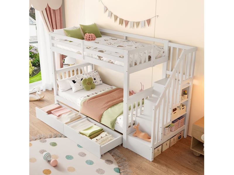  Lit superposé enfant 90x200 cm avec rangements et tiroirs blanc  - Conforama E