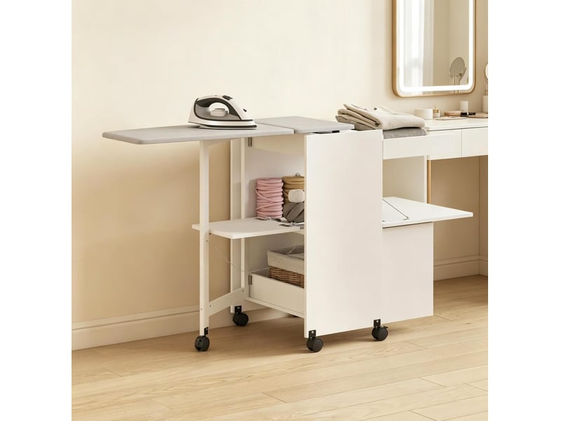  Table à repasser pliable avec meuble de rangement blanc sur roulettes, idéale pour une buanderie organisée  - Conforama E