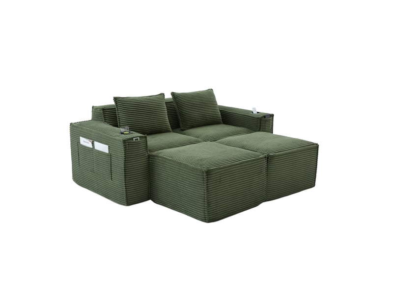 Canapé 2 places avec 2 poufs en velours côtelé vert 188x162x75 cm - Conforama D
