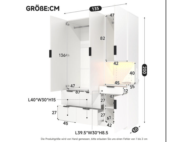  Armoire 135 x 50 x 200 cm avec éclairage led et prise, 4 portes, 2 penderies et 5 tiroirs, grand meuble à portes battantes moderne pour chambre ou dressing OPULERANE TRADING LTD - Conforama C