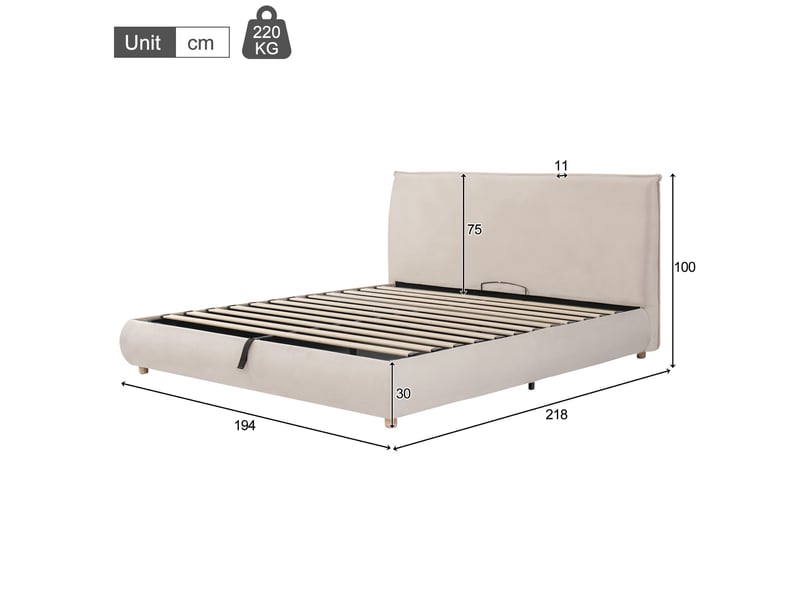  Lit coffre modenvie double 180 x 200 cm avec sommier à lattes tête de lit rembourrée velours crème rangement hydraulique  - Conforama C