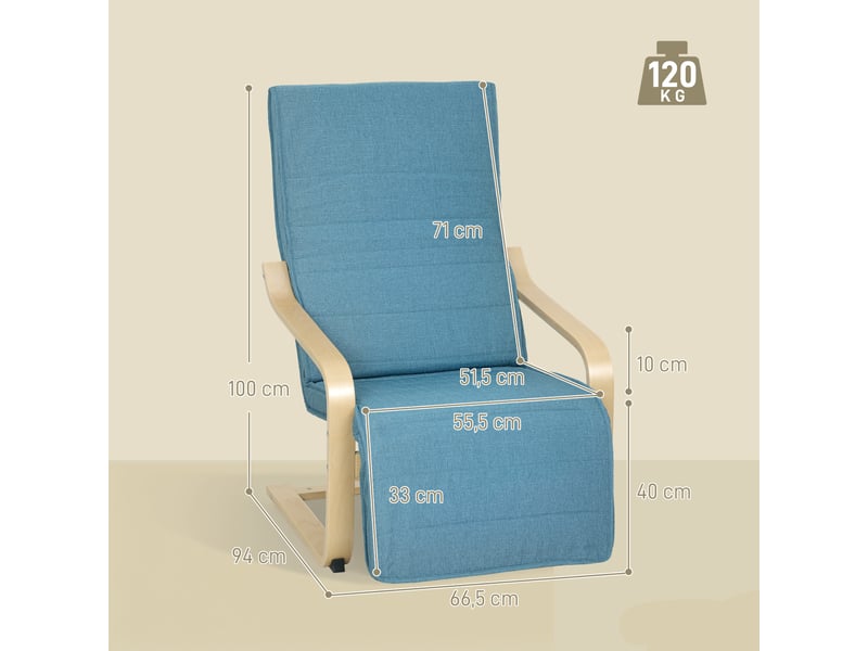  Fauteuil de salon avec repose-pieds réglable, revêtement en lin synthétique, pour bureau ou chambre, 66,5 x 94 x 100 cm, bleu  - Conforama E
