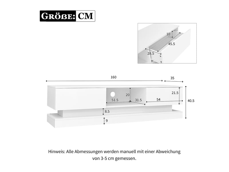  Meuble tv blanc brillant 160x35x40,5 cm avec led, 2 tiroirs, contrôle via app, anti-bascule  - Conforama C