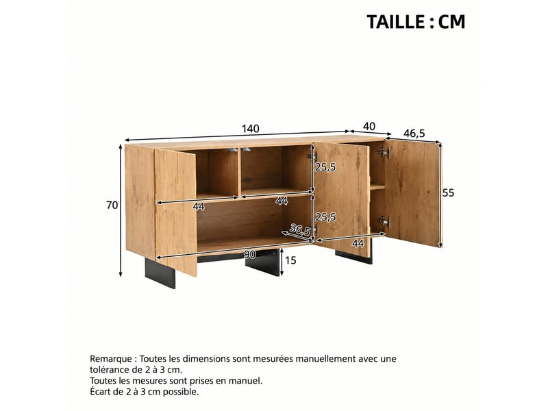  Buffet bas 3 portes 140 cm à motif gaufré, aspect bois naturel  - Conforama C