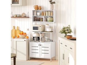 Étagere cuisine meuble micro-onde avec multiprise, double porte à persiennes, compartiments ouverts, 80x42x171cm, blanc