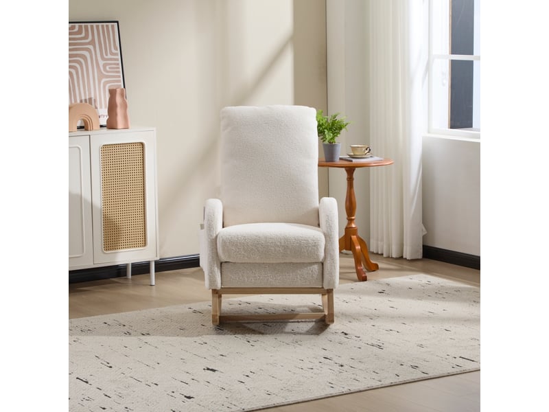  Fauteuil à bascule - 75x63x104 cm - chaise à bascule avec repose-pieds et poches latérales en tissu teddy - blanc  - Conforama B